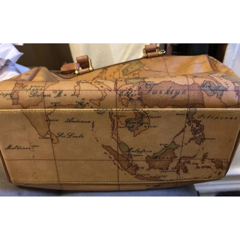 Alviero Martini World Geo Map Boston Satchel Italy canvas cognac leather good!